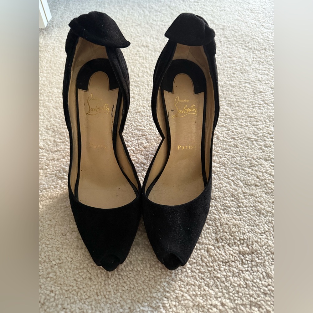Christian Louboutin Black Suede Peep-Toe Heels